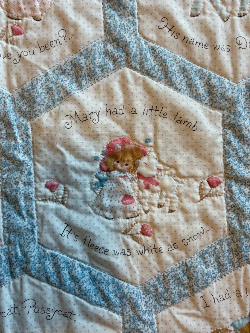 Vintage Nursery Rhyme Handmade White Light Blue Hexagon Patchwork Baby Quilt